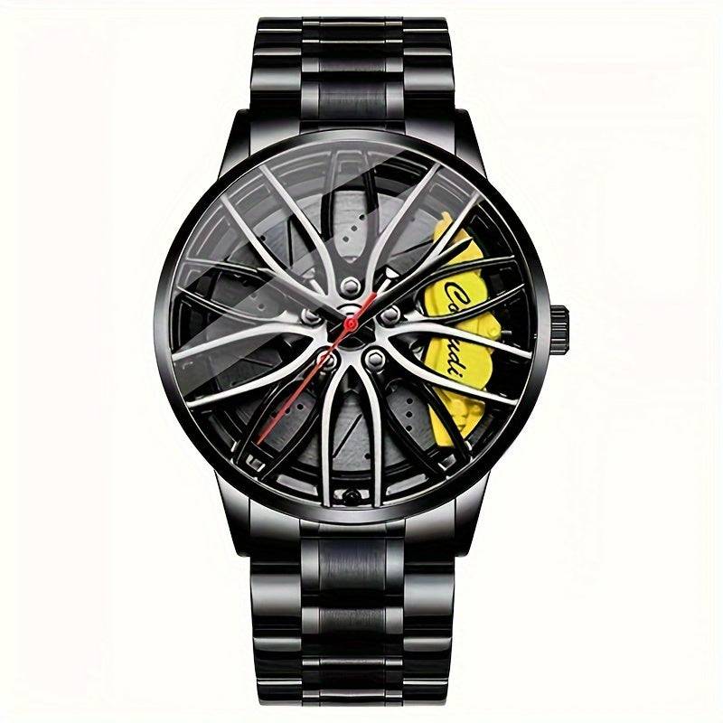 Herrenuhr mit leuchtendem Stahlband und dreidimensionalem Design.