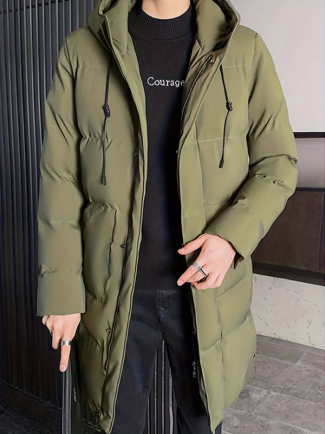 Stylischer Herren-Mantel mit Kapuze, warm und mittellang