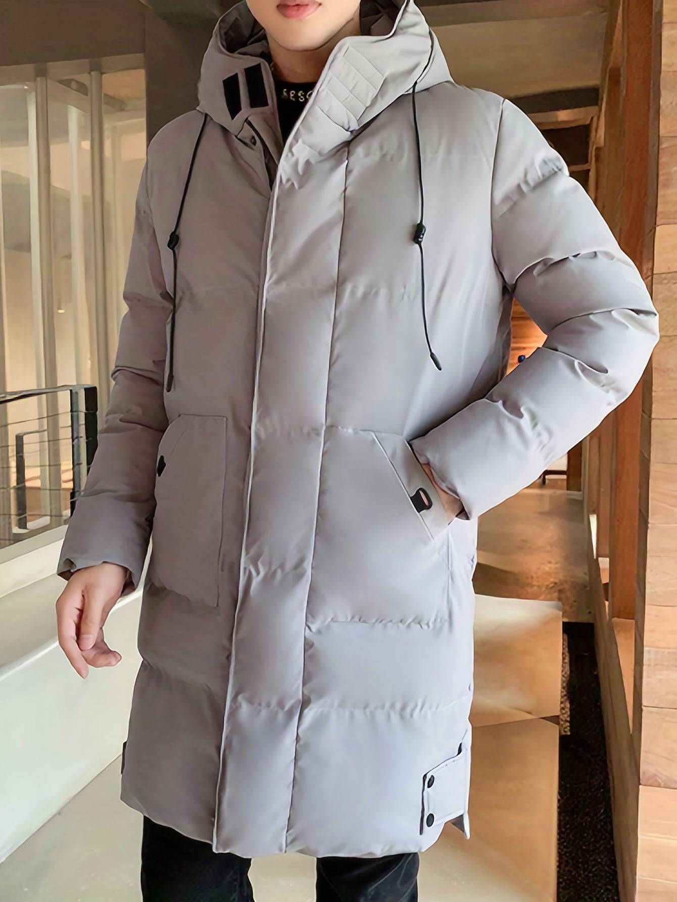 Stylischer Herren-Mantel mit Kapuze, warm und mittellang