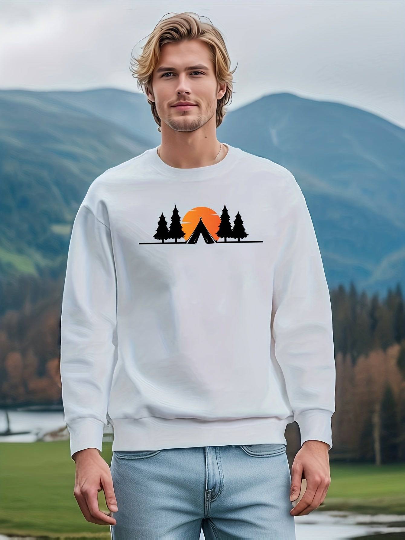 Modisches Langarm-Sweatshirt für Herren - Sonnenuntergangsdruck - Outdoor-tauglich - Herbst und Winter - Hip-Hop-Stil