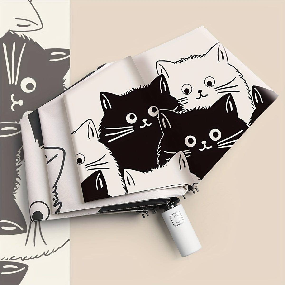 Schwarz-weißer Cartoon-Kätzchenschirm für Sonne und Regen - praktisch, strapazierfähig und UV-Schutz