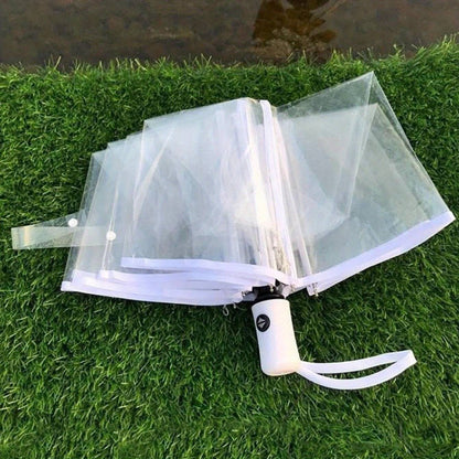 Transparenter 3-fach-Regenschirm mit automatischem Öffnungsmechanismus.