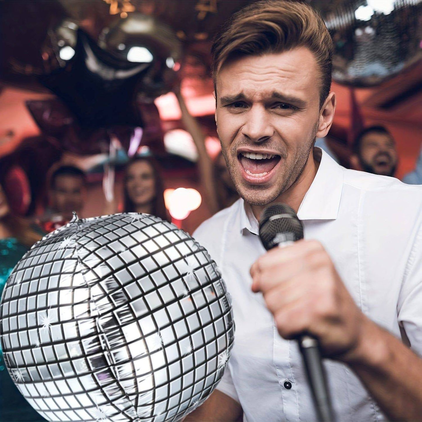 2er Set 70er-Jahre Disco-Party-Dekoration: Große 4D-Metall-Sternballons
