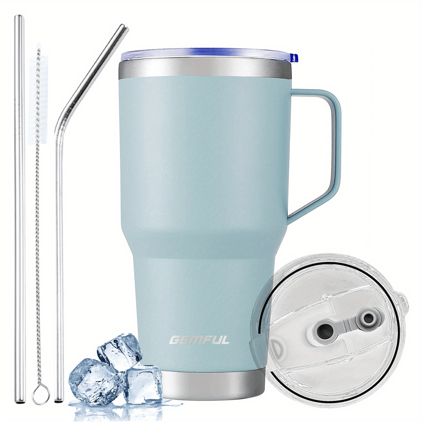 GEMFUL 30-Unzen-Becher - Isolierter Reisekaffeebecher aus Edelstahl (mit Griff und Strohhalm), deckel, Spülmaschinenfest.