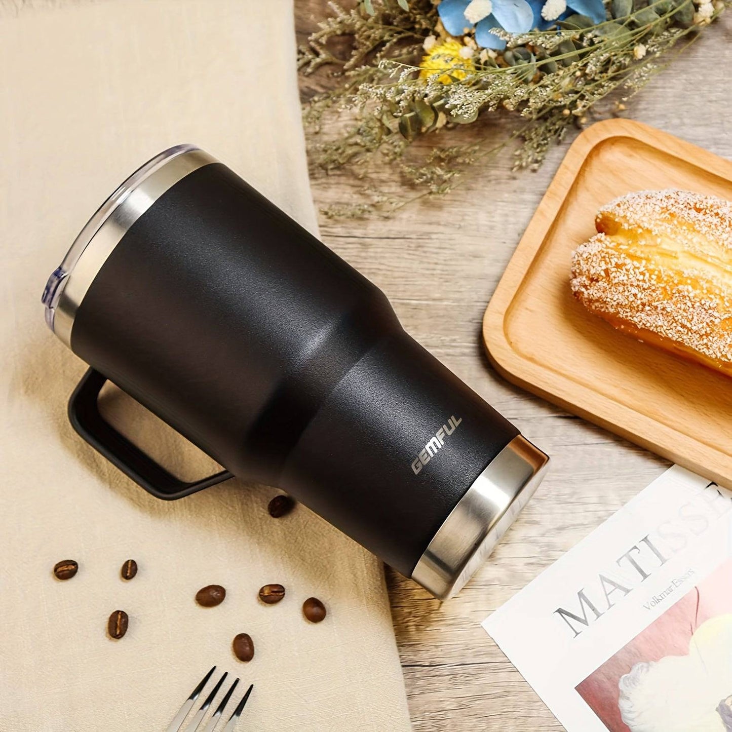 GEMFUL 30-Unzen-Becher - Isolierter Reisekaffeebecher aus Edelstahl (mit Griff und Strohhalm), deckel, Spülmaschinenfest.