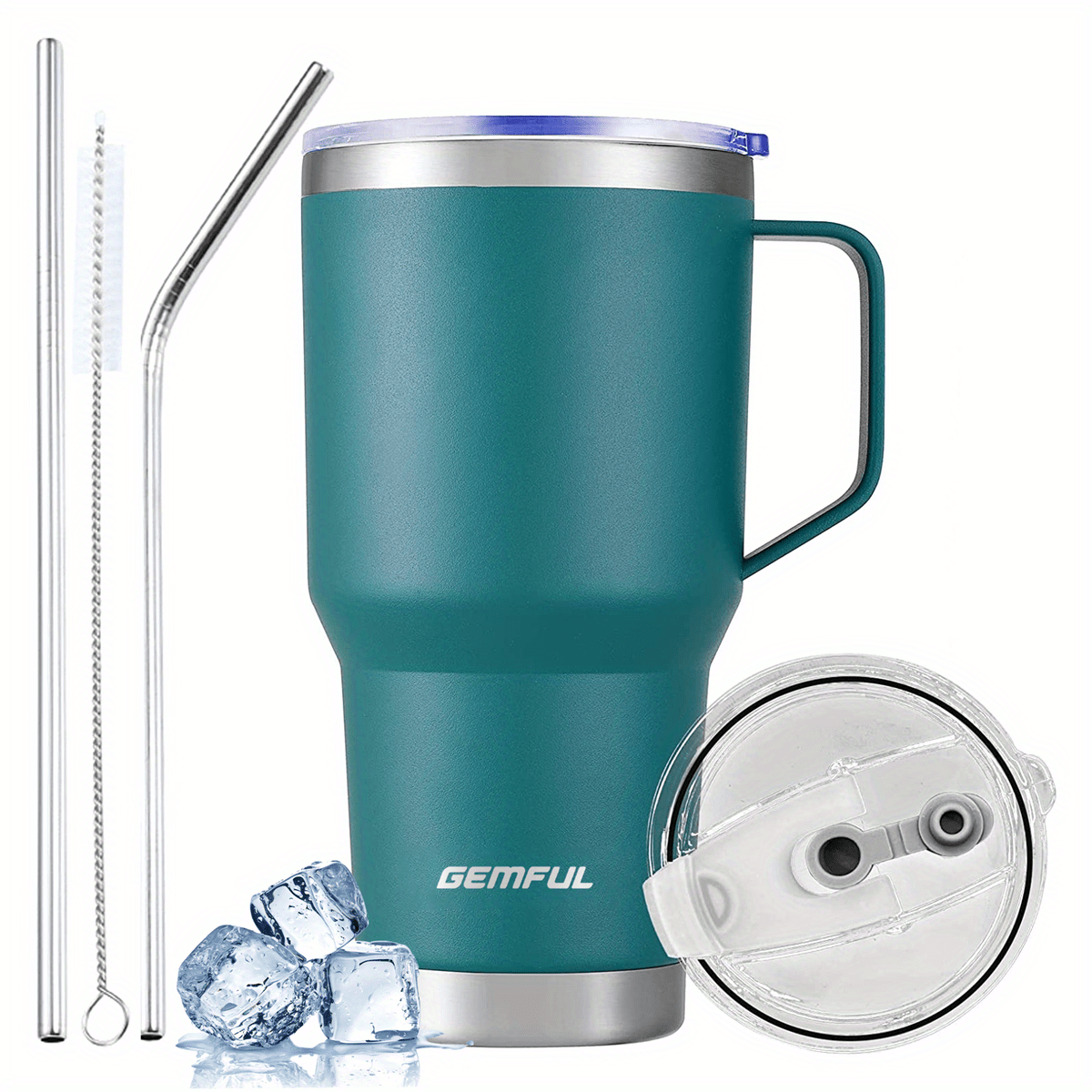 GEMFUL 30-Unzen-Becher - Isolierter Reisekaffeebecher aus Edelstahl (mit Griff und Strohhalm), deckel, Spülmaschinenfest.