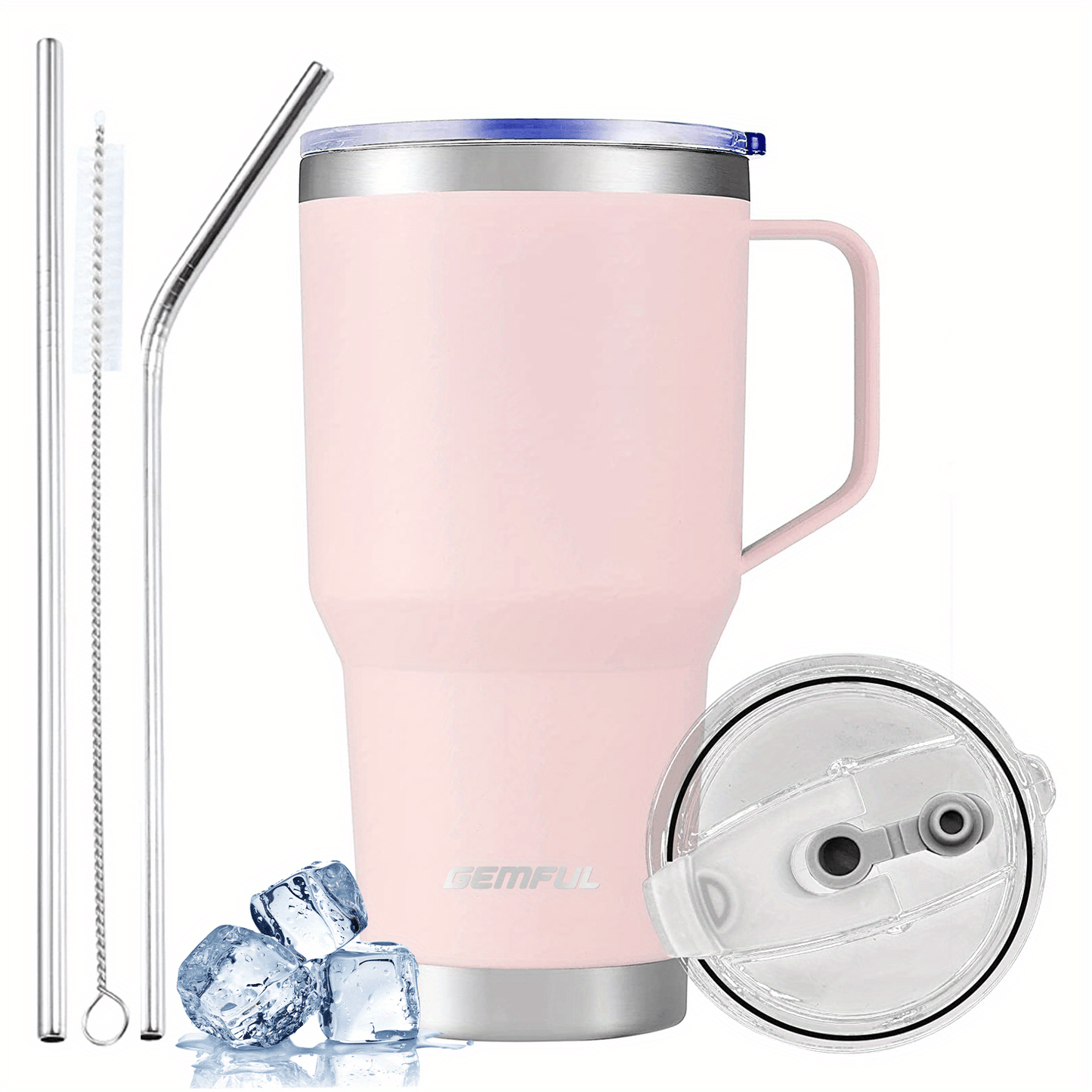 GEMFUL 30-Unzen-Becher - Isolierter Reisekaffeebecher aus Edelstahl (mit Griff und Strohhalm), deckel, Spülmaschinenfest.