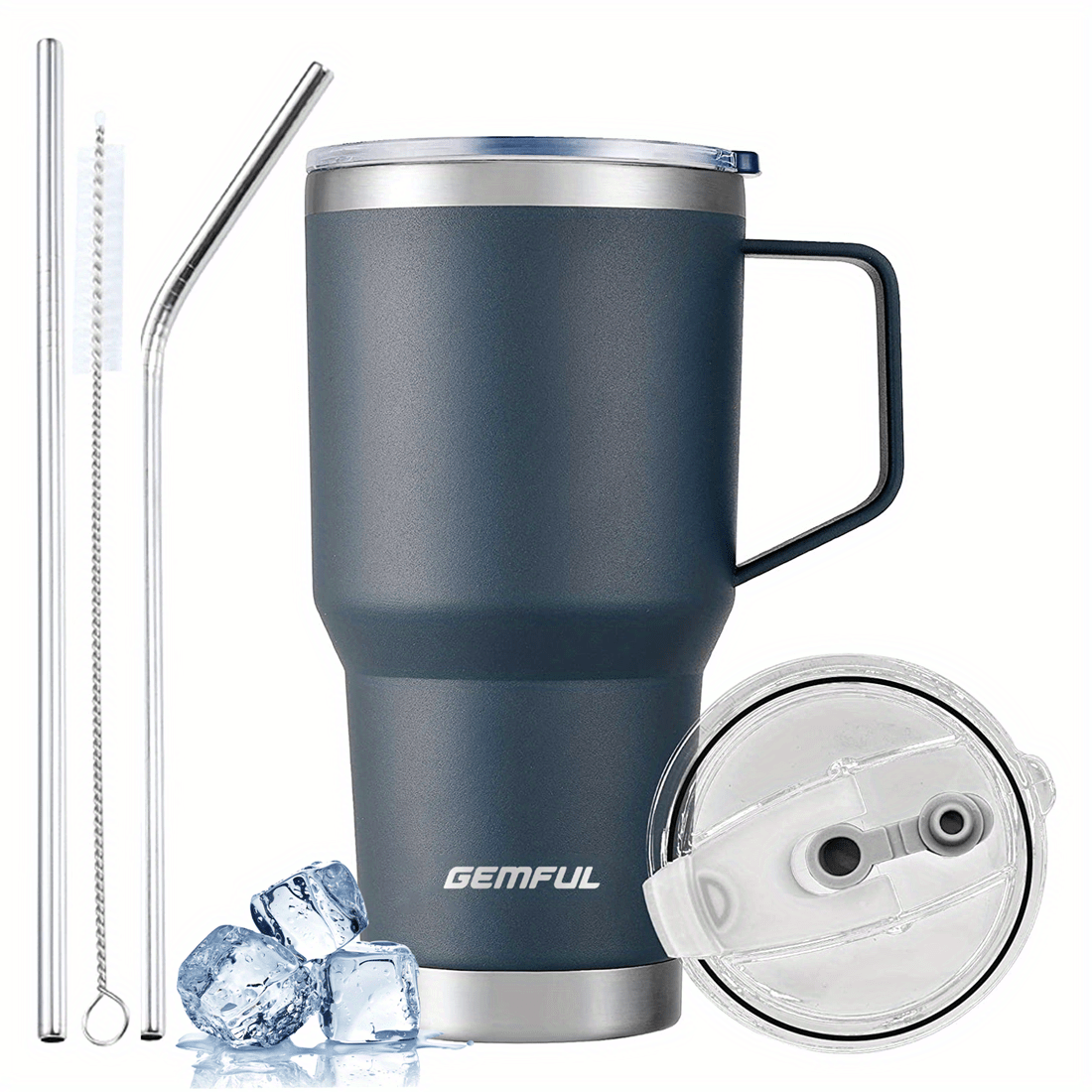 GEMFUL 30-Unzen-Becher - Isolierter Reisekaffeebecher aus Edelstahl (mit Griff und Strohhalm), deckel, Spülmaschinenfest.