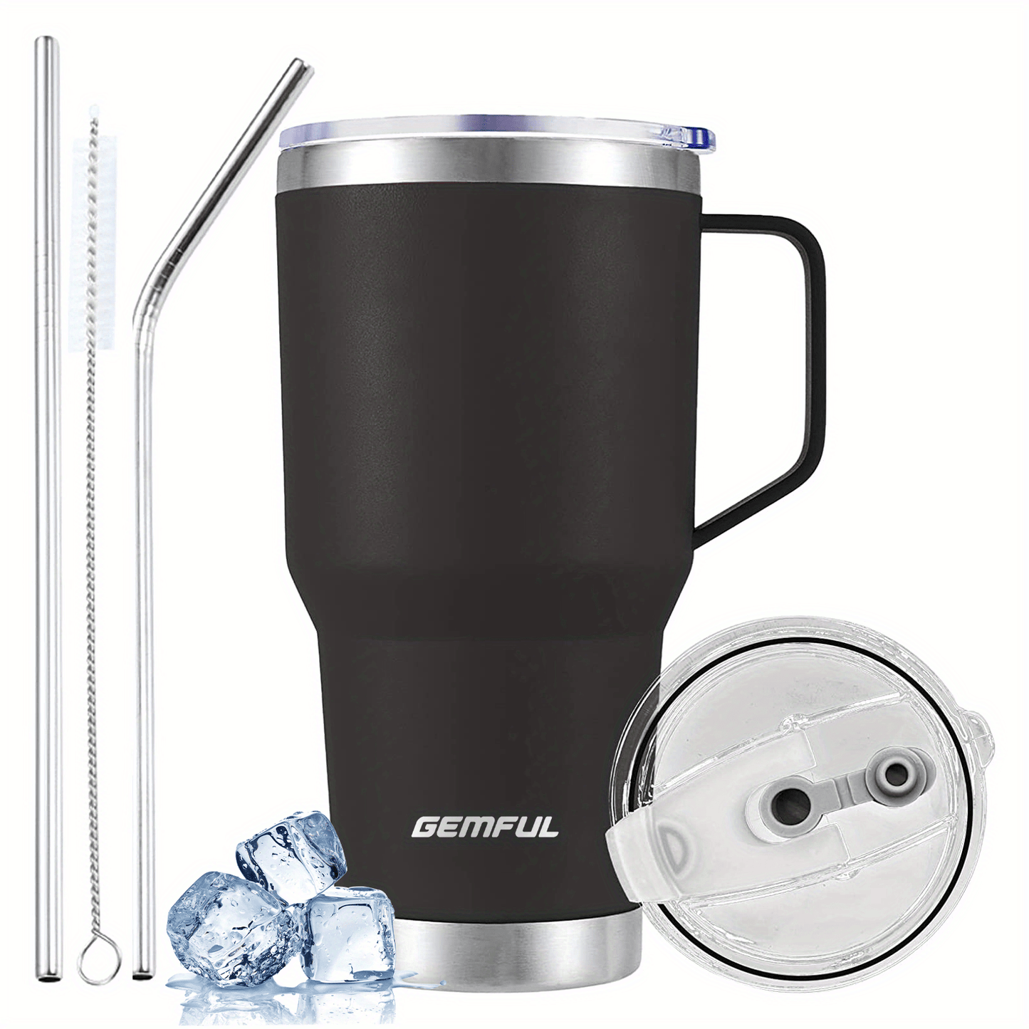 GEMFUL 30-Unzen-Becher - Isolierter Reisekaffeebecher aus Edelstahl (mit Griff und Strohhalm), deckel, Spülmaschinenfest.