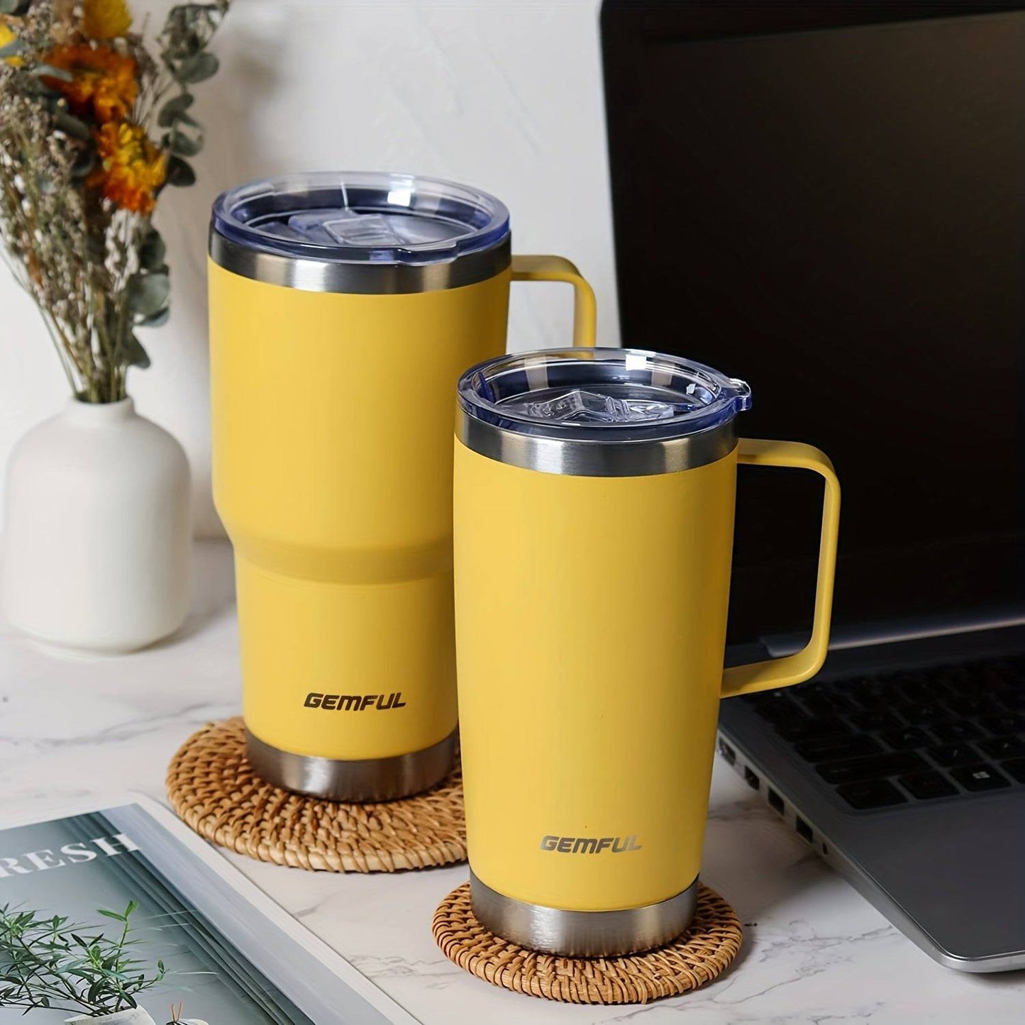 GEMFUL 30-Unzen-Becher - Isolierter Reisekaffeebecher aus Edelstahl (mit Griff und Strohhalm), deckel, Spülmaschinenfest.