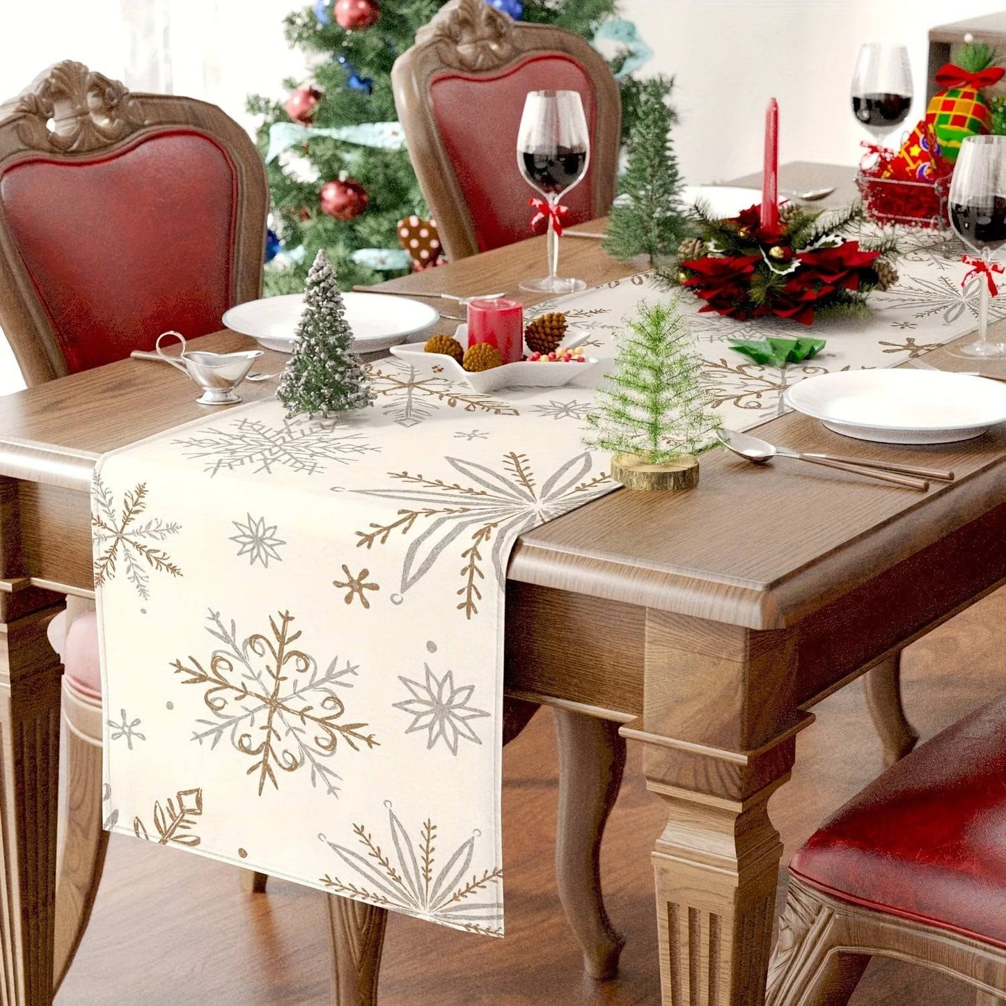 Weiß-goldener Winter-Läufer Für Den Tisch, Saisonale Weihnachts-Winterurlaubsdekoration Für Esstischdekorationen Im Innen- Und Außenbereich, Raumdekoration, Szenendekoration, 13 X 48 Zoll/13 X 72 Zoll/13 X 108 Zoll