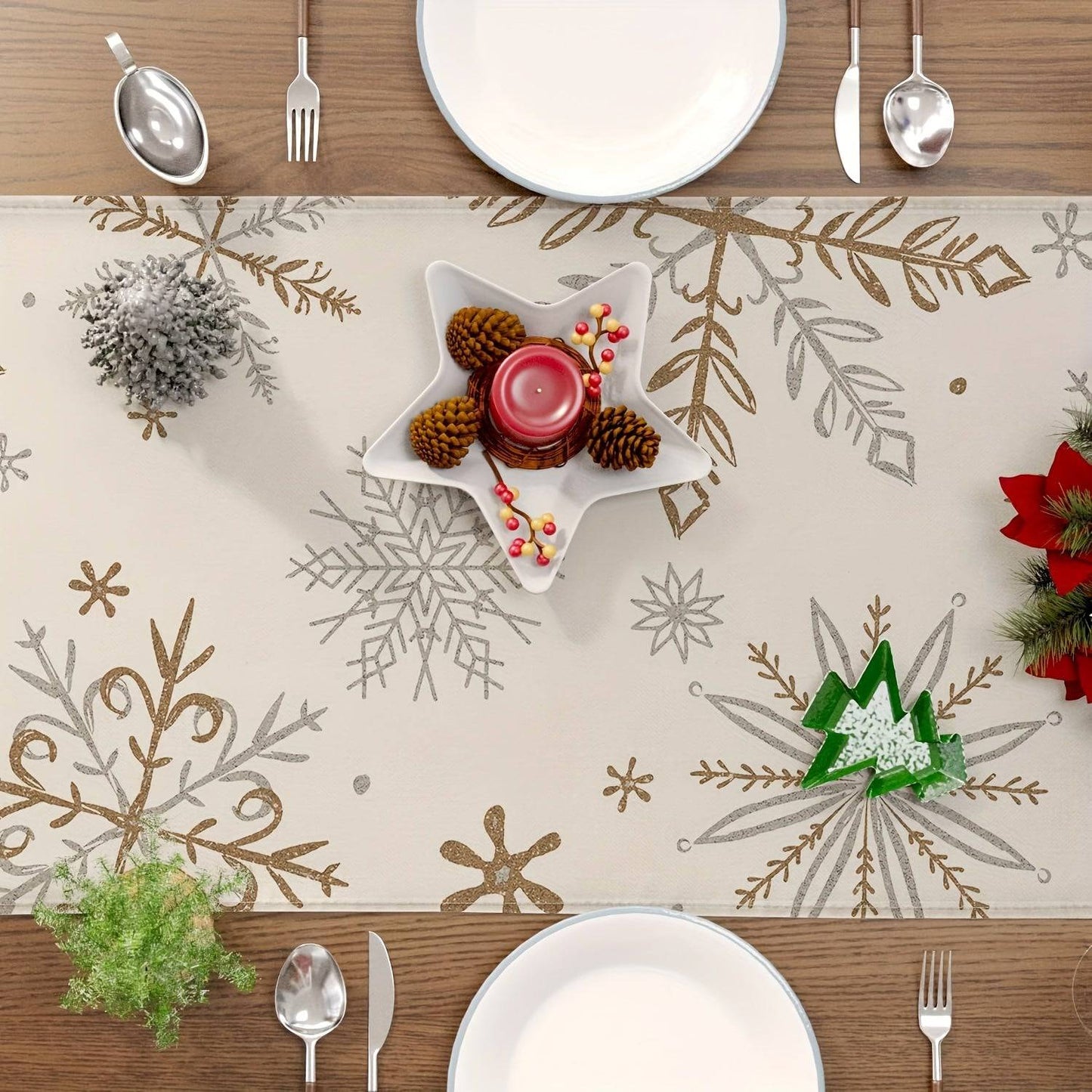 Weiß-goldener Winter-Läufer Für Den Tisch, Saisonale Weihnachts-Winterurlaubsdekoration Für Esstischdekorationen Im Innen- Und Außenbereich, Raumdekoration, Szenendekoration, 13 X 48 Zoll/13 X 72 Zoll/13 X 108 Zoll