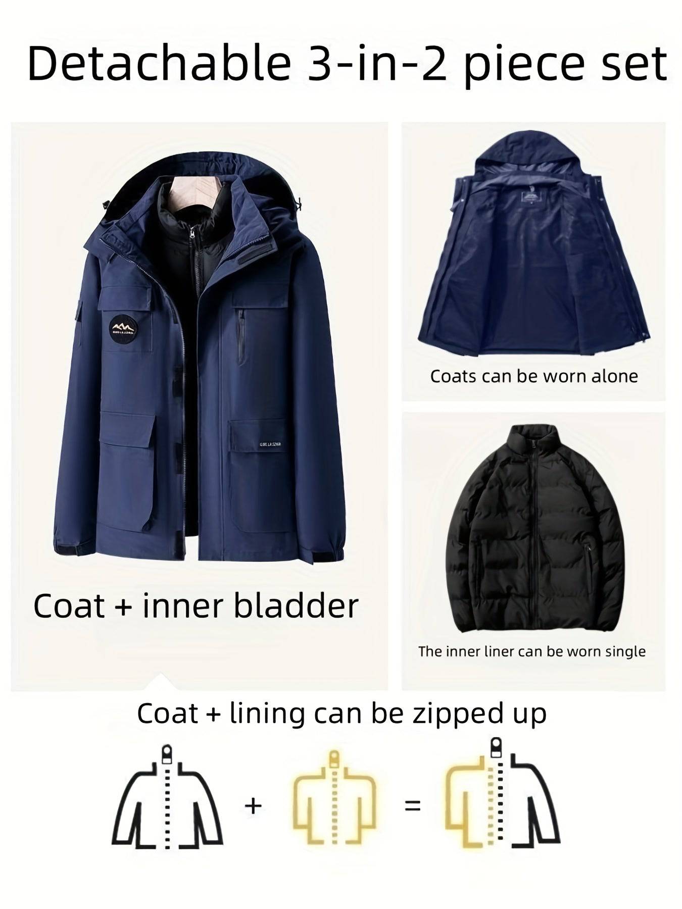 3-teiliges Winter-Set: Thermo-Windjacke + 2 abnehmbare Innenfutter (Damen/Herren) für Outdoor-Aktivitäten.