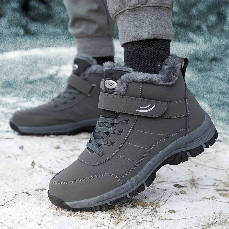 Herren-Schneestiefel, Klettverschluss, Winter-Schnür-Thermoschuhe, winddicht, Wanderstiefel, Kunstfellfutter.