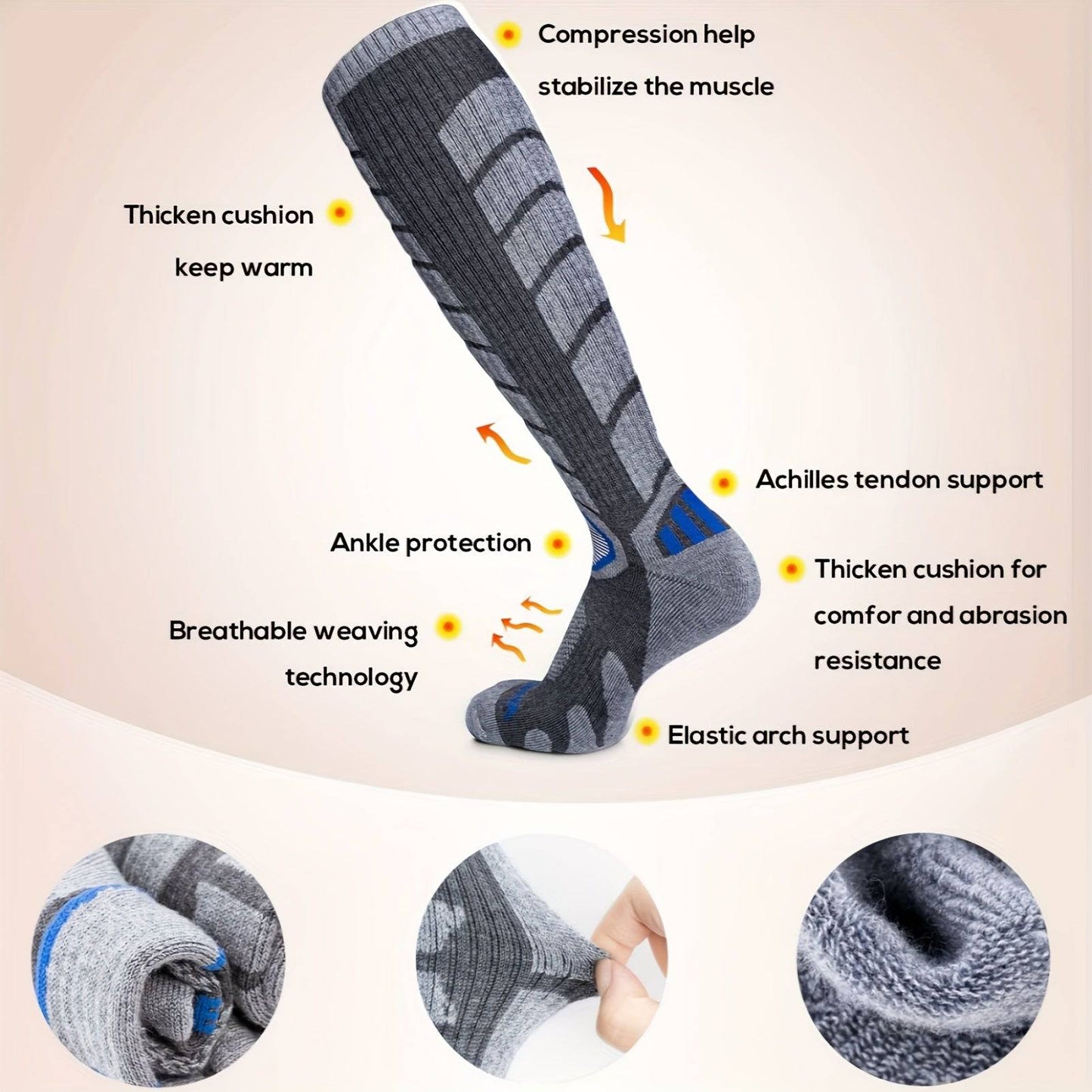 2 Paar Kniehohe Winter-Thermosocken - Warm, bequem, ideal zum Wandern, Snowboarden und Bergsteigen.