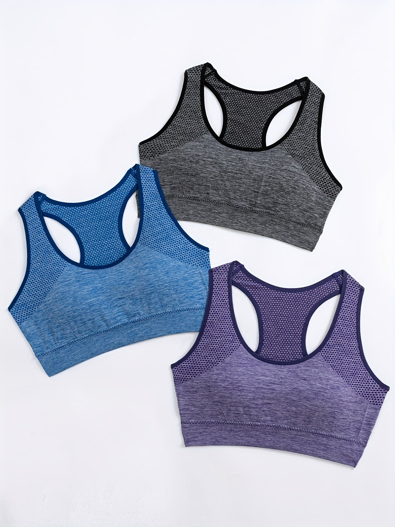 3-teiliges Set: Atmungsaktiver Racer Back Yoga Sport-BH, Rundhals-Solid-Farbe, Damen Activewear. - Snatch