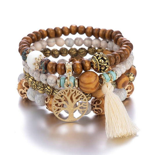 Bohostyle Holzperlenarmband-Set - Handgefertigte, mehrschichtige Unisex-Schönheit für Frauen