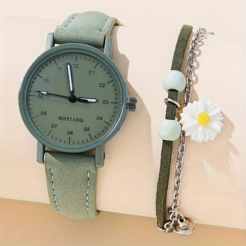 Damen Uhr & Daisy Blumen Armband Set - Stilvolle Geschenkidee für Mädchen!