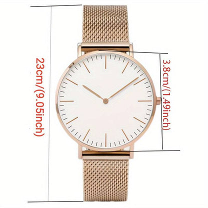 Moderne Damen-Armbanduhr mit großem Zifferblatt und Edelstahl-Mesh-Armband.