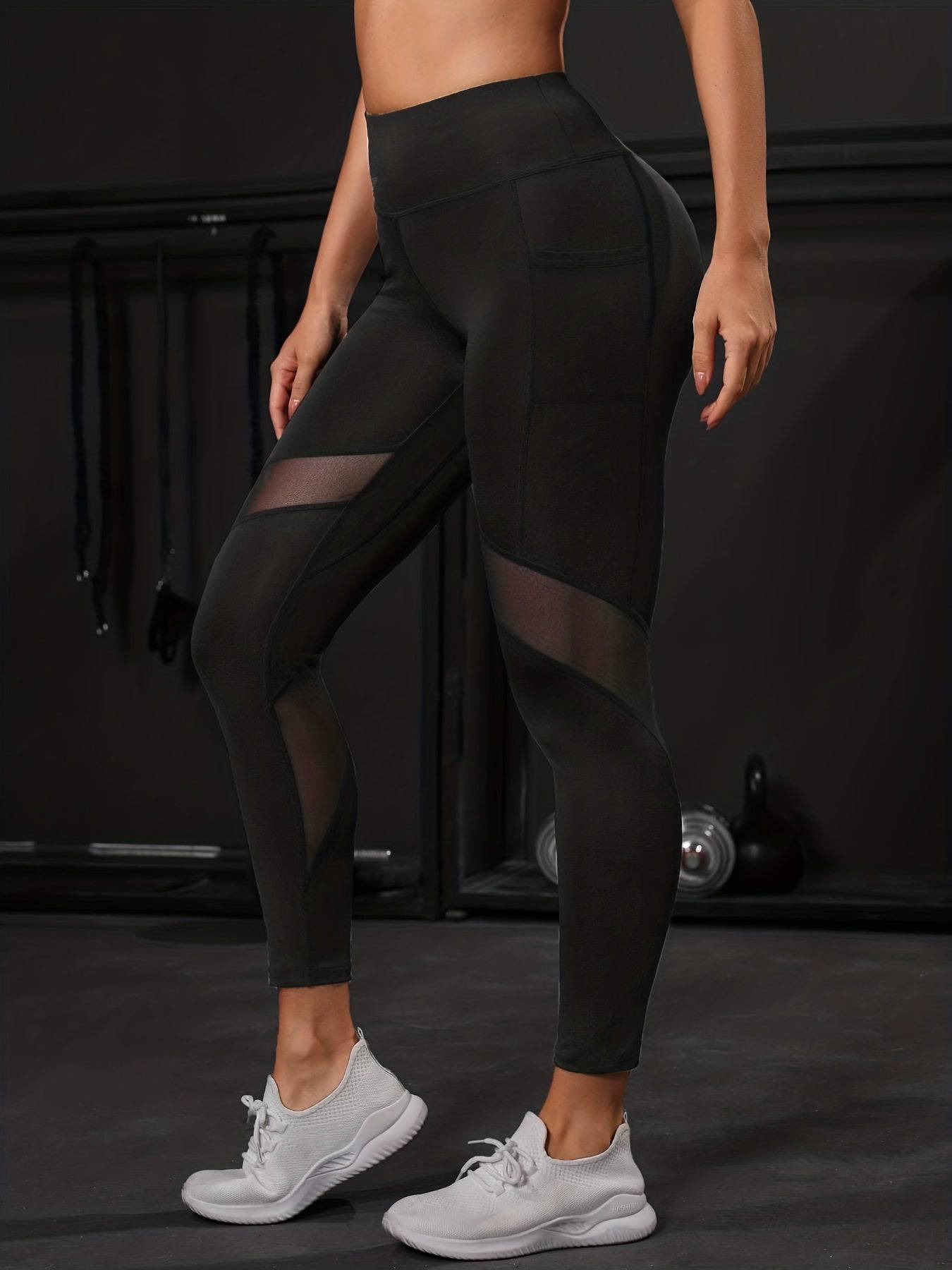 Klassische, Schwarze, Gespleißte Mesh-Sexy, Eng Anliegende Sport-Yoga-Damen-Neun-Punkt-Leggings