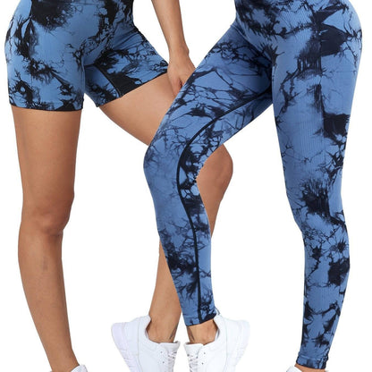 Tie-Dye Shorts & Leggings Sets, Damen Activewear - 2-teiliges Set für Yoga, Fitness und Laufen.