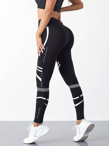 Weiße Streifen-Fitnesshose: Bauchkontrolle, Schnelltrocknend, Activewear für Damen.