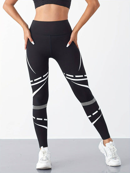 Weiße Streifen-Fitnesshose: Bauchkontrolle, Schnelltrocknend, Activewear für Damen.