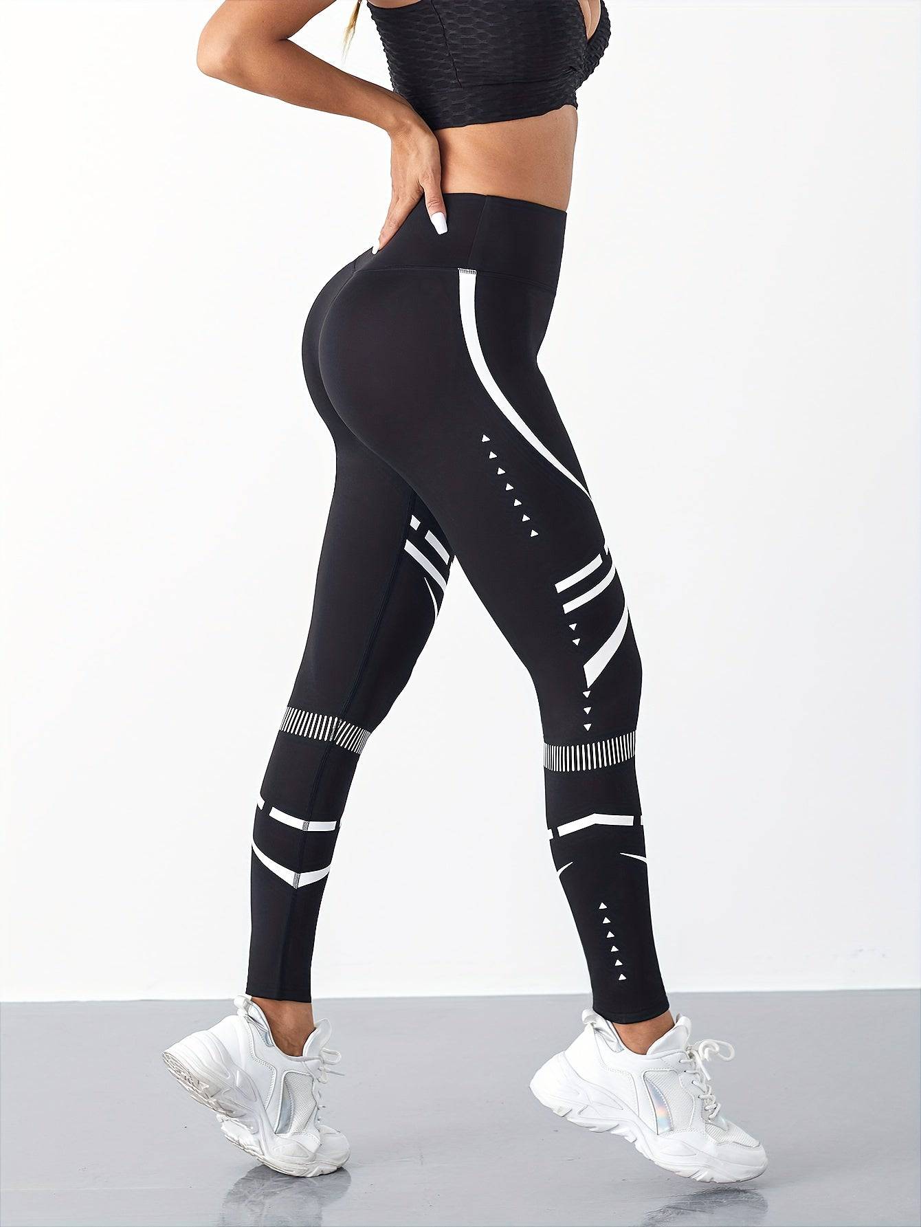 Weiße Streifen-Fitnesshose: Bauchkontrolle, Schnelltrocknend, Activewear für Damen.