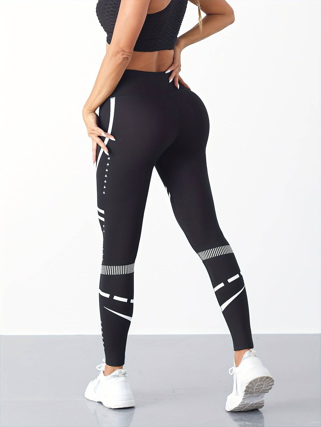 Weiße Streifen-Fitnesshose: Bauchkontrolle, Schnelltrocknend, Activewear für Damen.