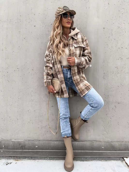 Preppy Button Plaid Drop Shoulder Jacke - Perfekte Damenbekleidung für Herbst und Winter!