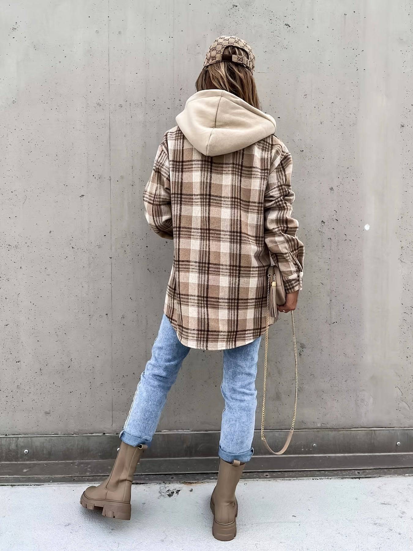 Preppy Button Plaid Drop Shoulder Jacke - Perfekte Damenbekleidung für Herbst und Winter!