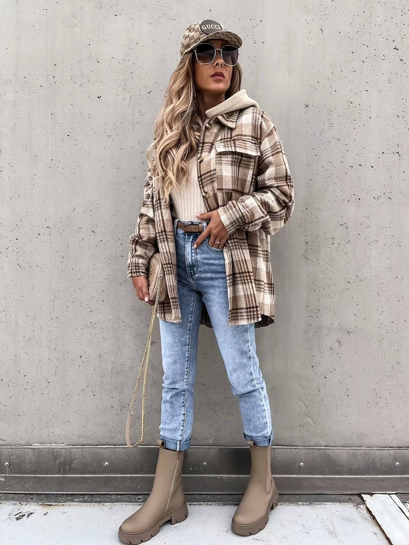 Preppy Button Plaid Drop Shoulder Jacke - Perfekte Damenbekleidung für Herbst und Winter!