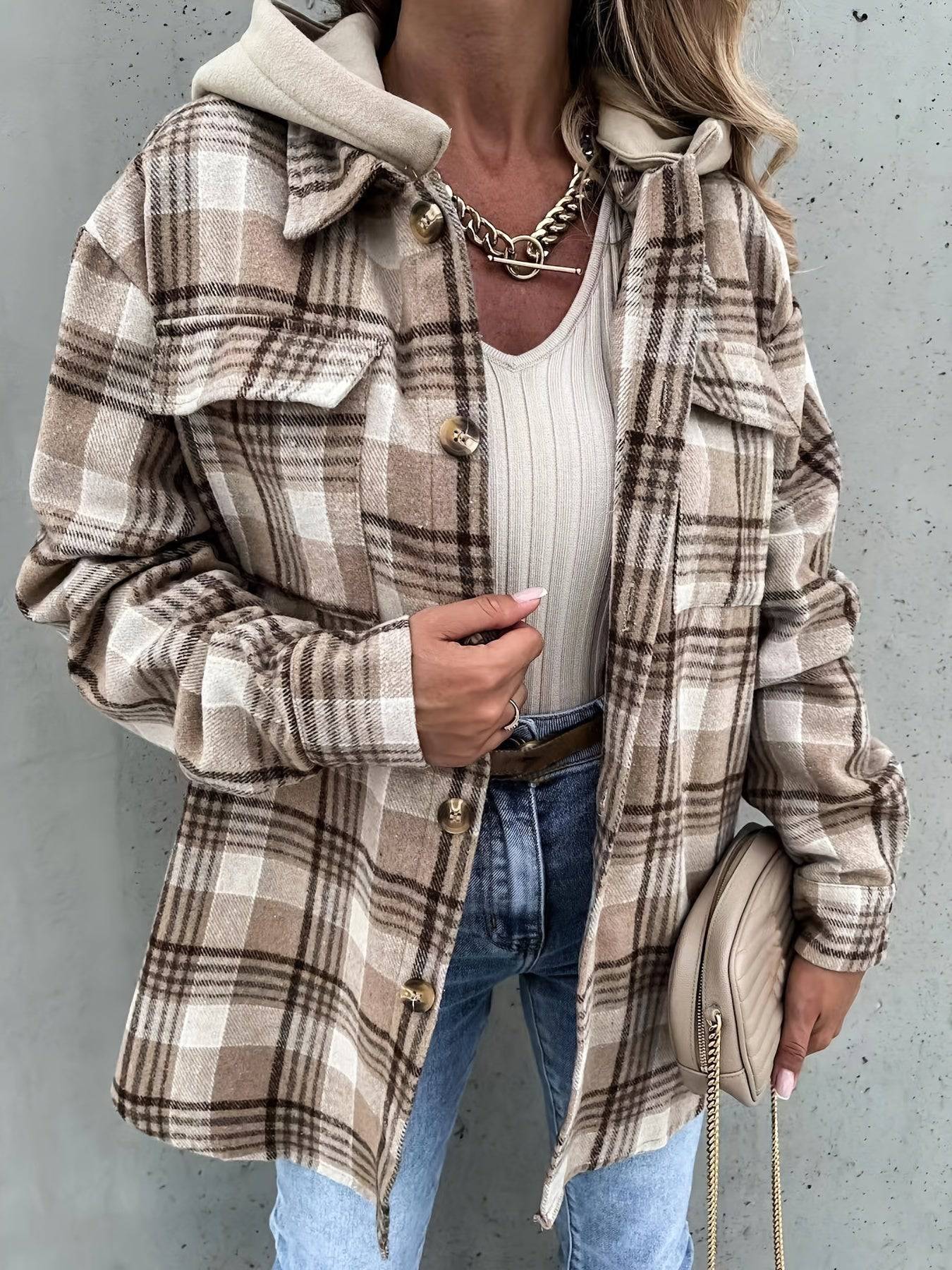 Preppy Button Plaid Drop Shoulder Jacke - Perfekte Damenbekleidung für Herbst und Winter!