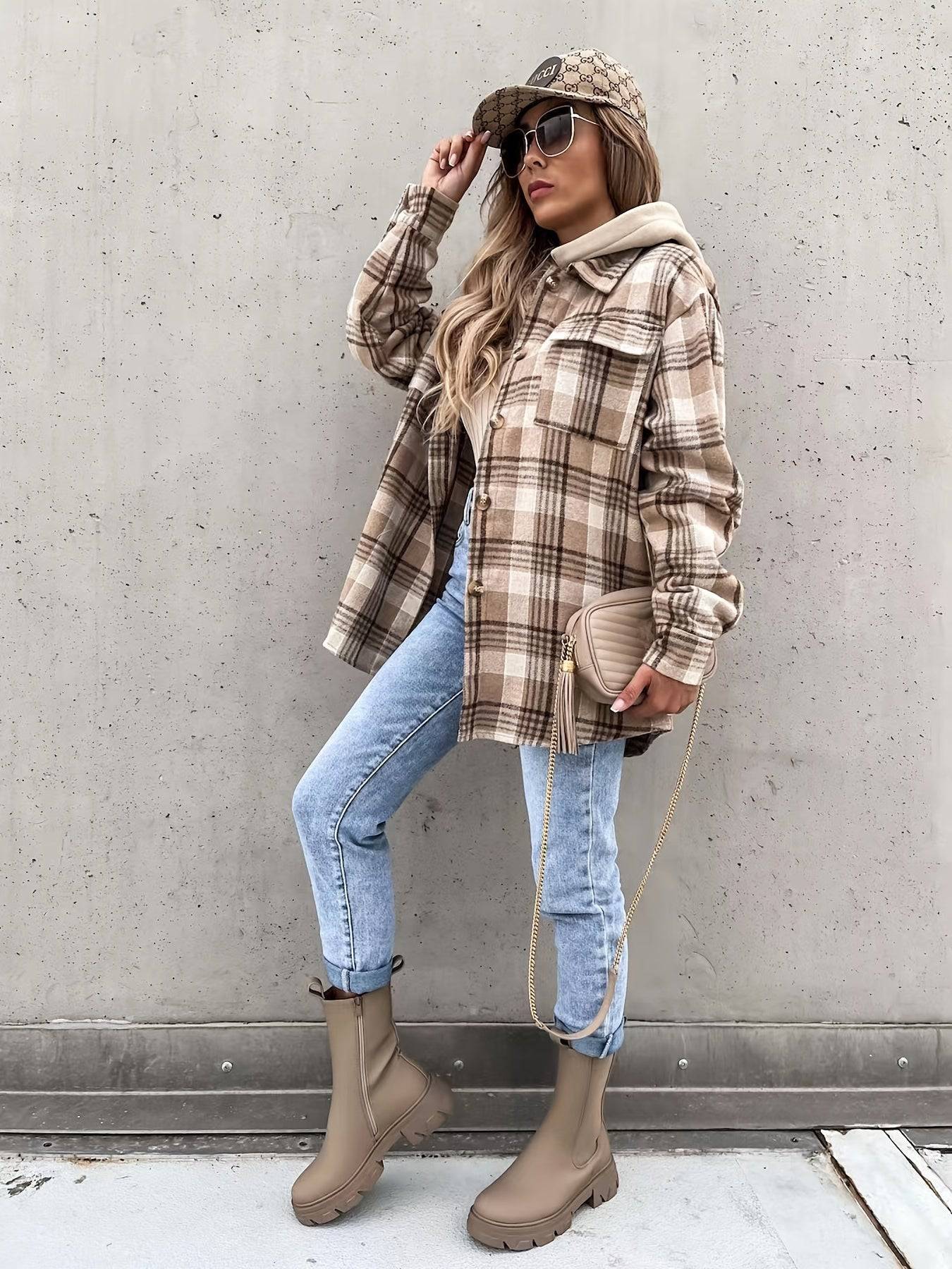 Preppy Button Plaid Drop Shoulder Jacke - Perfekte Damenbekleidung für Herbst und Winter!