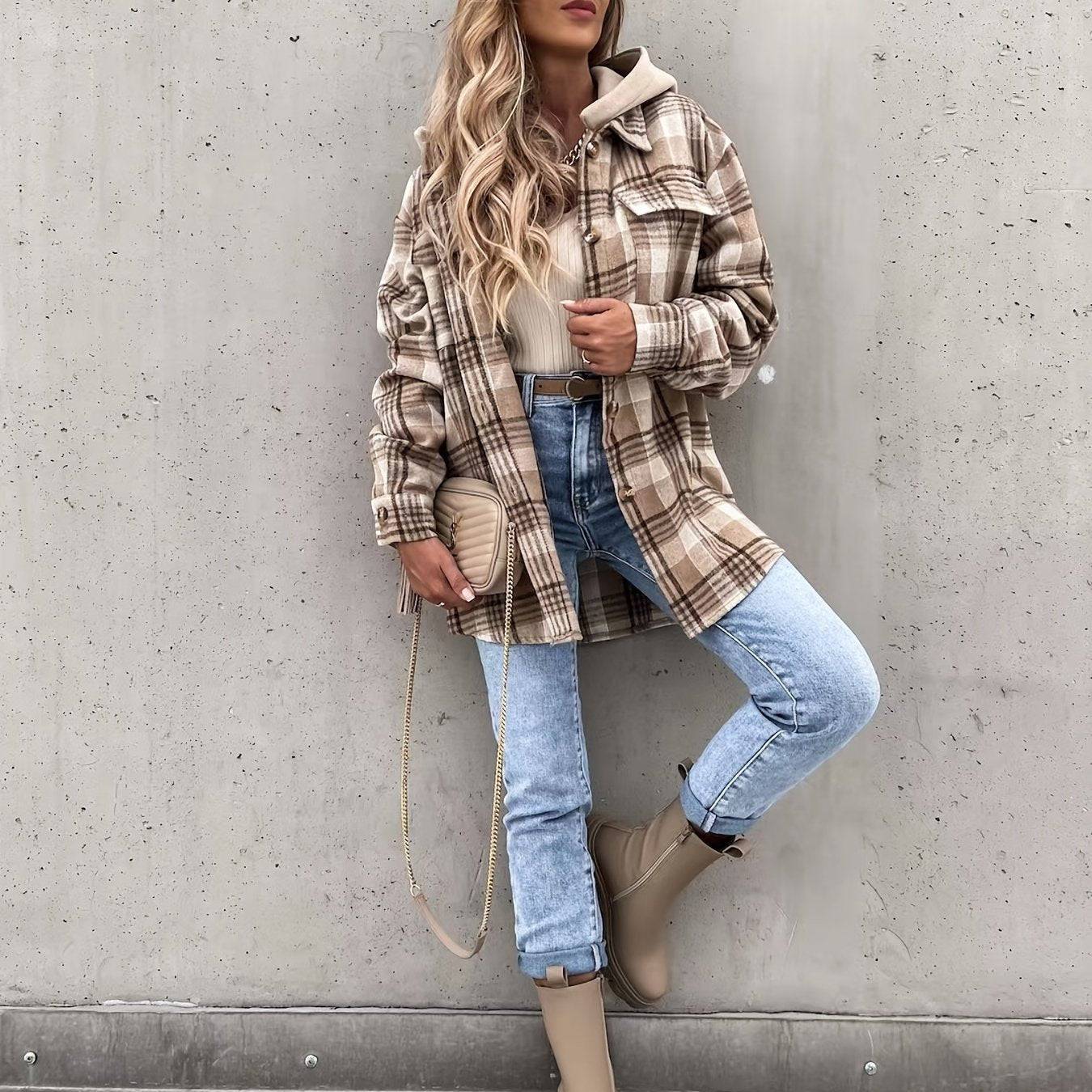 Preppy Button Plaid Drop Shoulder Jacke - Perfekte Damenbekleidung für Herbst und Winter!