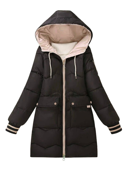 Lässiger Farbblock-Kapuzenmantel für Damen - warm und stylisch.