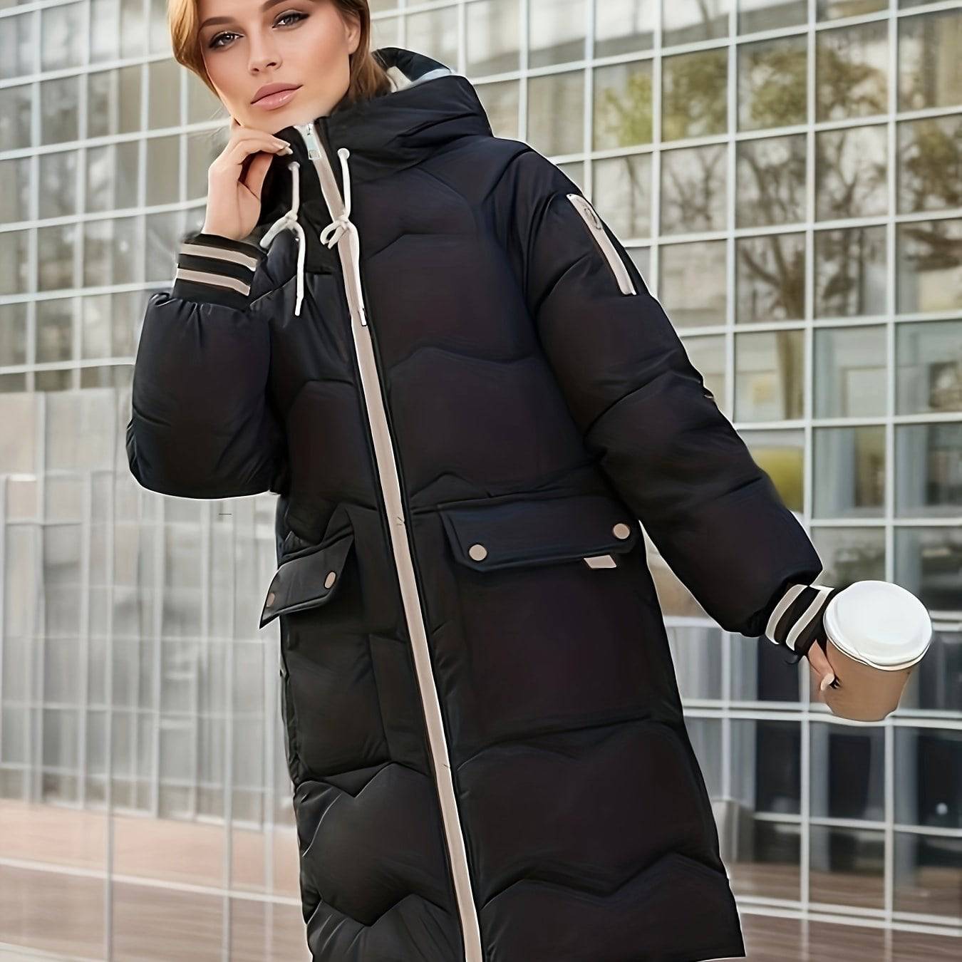 Lässiger Farbblock-Kapuzenmantel für Damen - warm und stylisch.