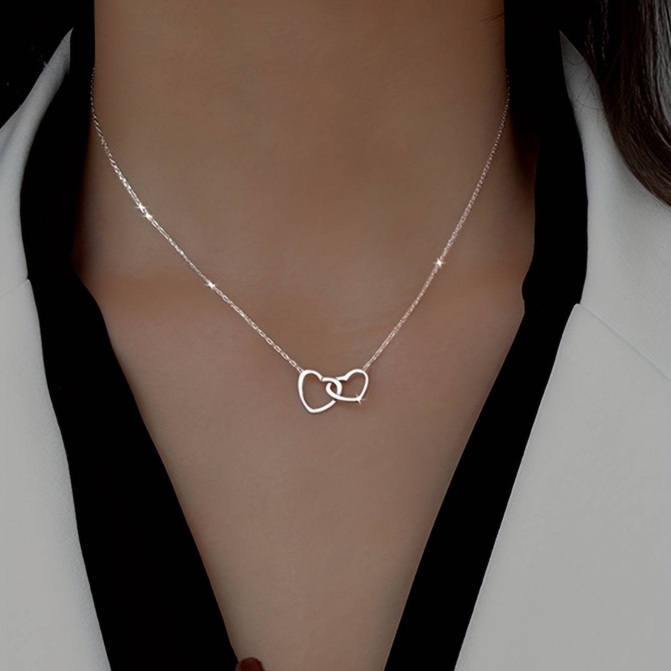 Doppelring Herz Halskette - Elegante Schlüsselbeinkette für Valentinstag
