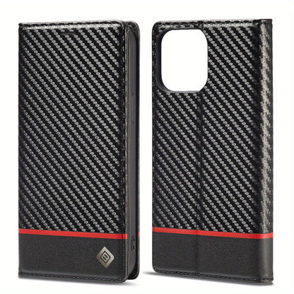 Premium Carbon Fiber Leder Flip Wallet Case - Stoßfestes Schutzcover für iPhone 15 Plus & mehr.