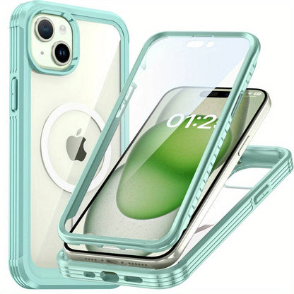 Magnetisches Gehäuse für iPhone 15 Pro Max/15 Plus/15 Pro 5G - Mit gehärtetem Glasbildschirmschutz, kabelloses Laden und stoßfestem Bumper