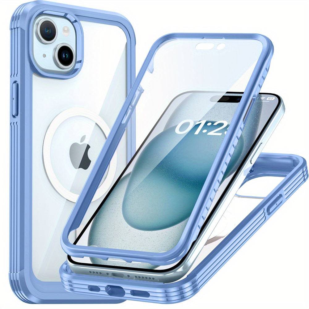 Magnetisches Gehäuse für iPhone 15 Pro Max/15 Plus/15 Pro 5G - Mit gehärtetem Glasbildschirmschutz, kabelloses Laden und stoßfestem Bumper