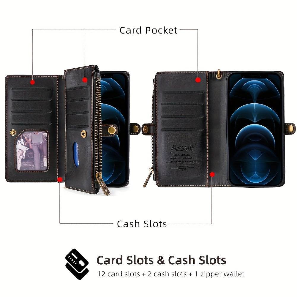 iPhone 15 Pro Max Case Wallet - Stilvolles PU-Leder mit Kartenschlitzen, Reißverschluss, Handgelenkschlaufe