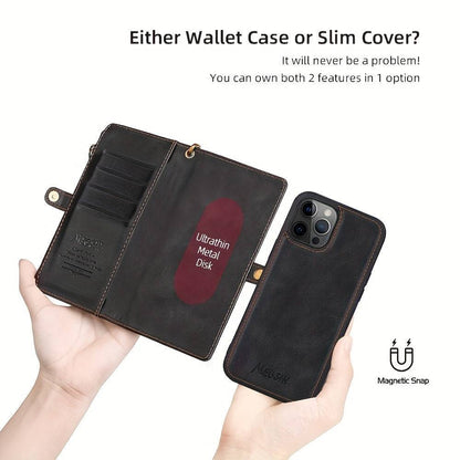 iPhone 15 Pro Max Case Wallet - Stilvolles PU-Leder mit Kartenschlitzen, Reißverschluss, Handgelenkschlaufe