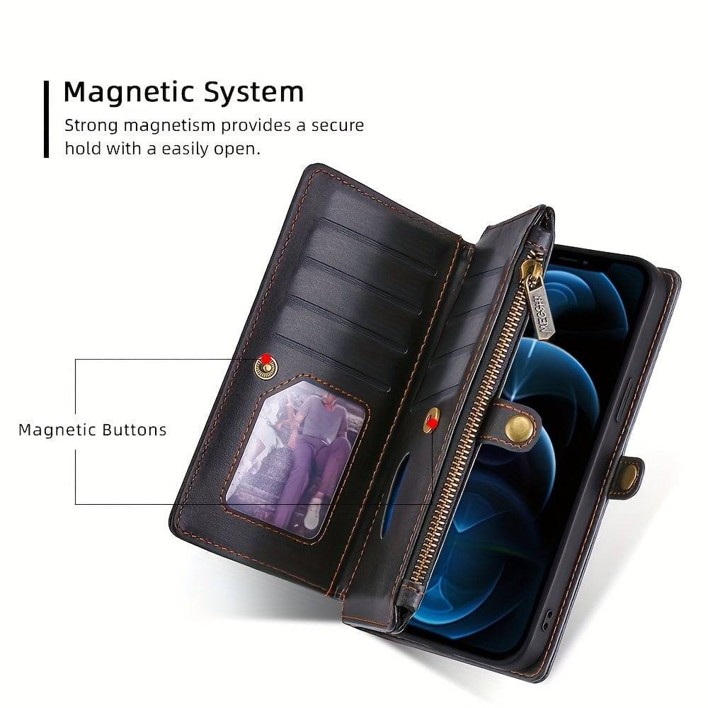 iPhone 15 Pro Max Case Wallet - Stilvolles PU-Leder mit Kartenschlitzen, Reißverschluss, Handgelenkschlaufe