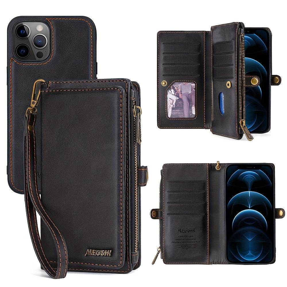 iPhone 15 Pro Max Case Wallet - Stilvolles PU-Leder mit Kartenschlitzen, Reißverschluss, Handgelenkschlaufe