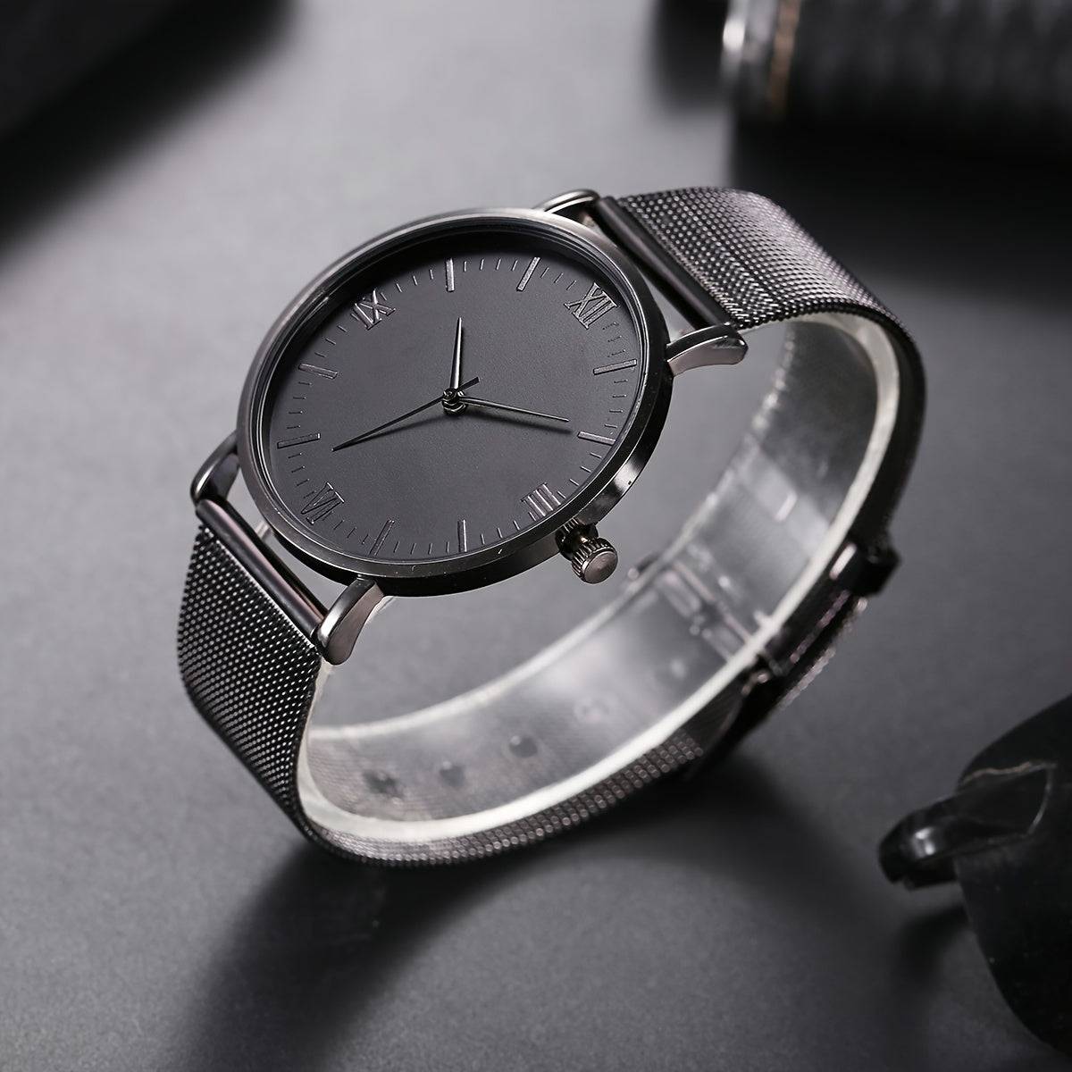 2pcs Herrenmode: Römische Skala Quarzuhr mit Hantel-Armband