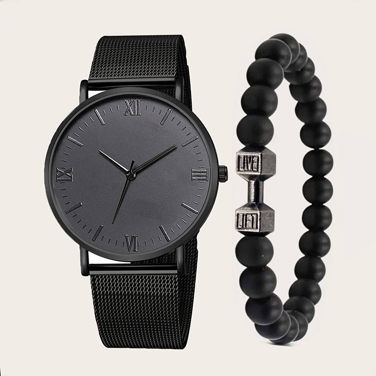 2pcs Herrenmode: Römische Skala Quarzuhr mit Hantel-Armband