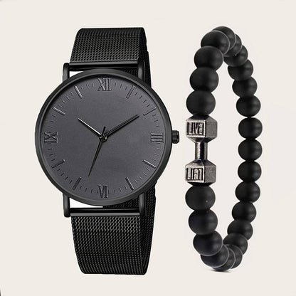 2pcs Herrenmode: Römische Skala Quarzuhr mit Hantel-Armband