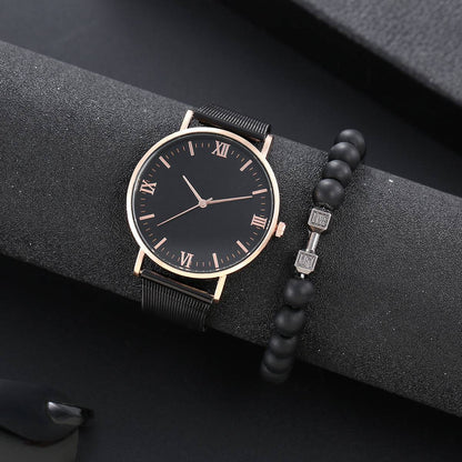 2pcs Herrenmode: Römische Skala Quarzuhr mit Hantel-Armband