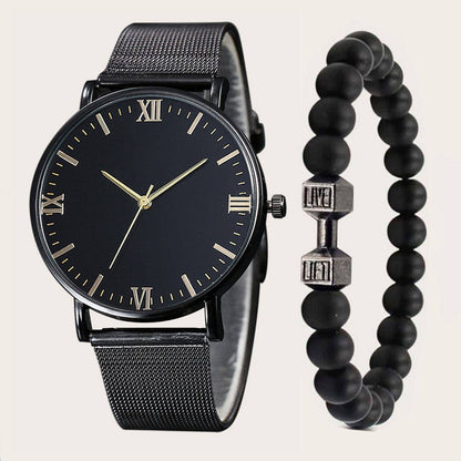 2pcs Herrenmode: Römische Skala Quarzuhr mit Hantel-Armband